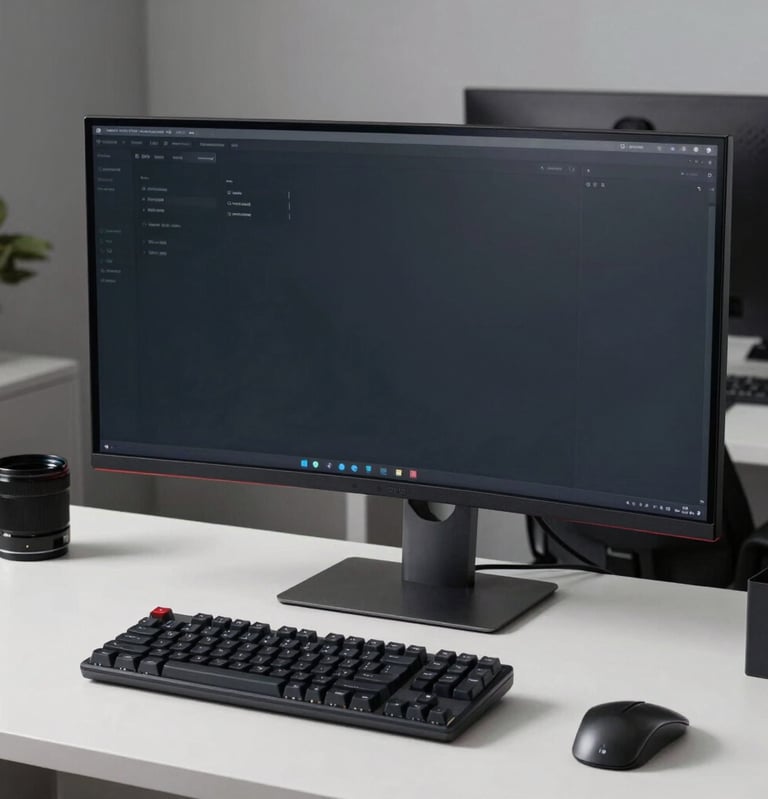 Photography of a modern workspace featuring a high-end curved monitor and a mechanical keyboard on a white desk, North American creative agency setting, minimalist aesthetic, sharp focus.