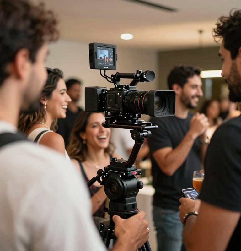 Behind-the-scenes shot of a high-end social event production in São Paulo. Professional video camera on a stabilized gimbal capturing guests laughing, warm emotional lighting, modern filmmaking style.