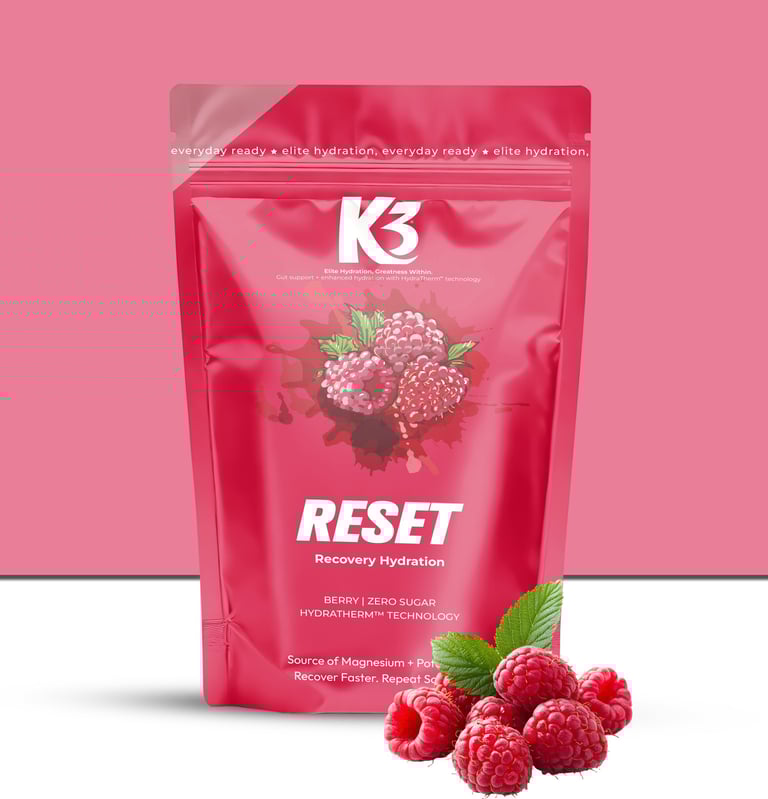 K3 Reset recovery hydration pouch, berry flavour, zero sugar