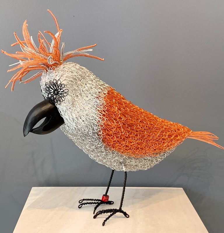 SERIOUSLY FOLKS - pine and plated wire bird by Guy Cranston