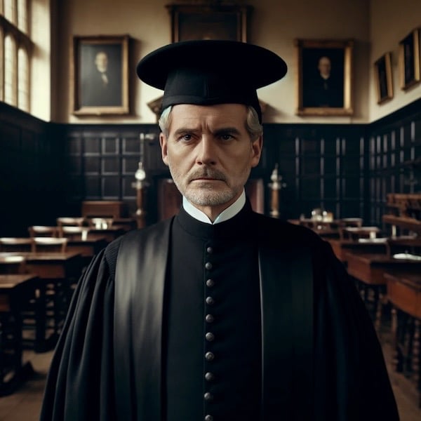 1960's School Master in black cloak and mortarboard hat - children were abused.