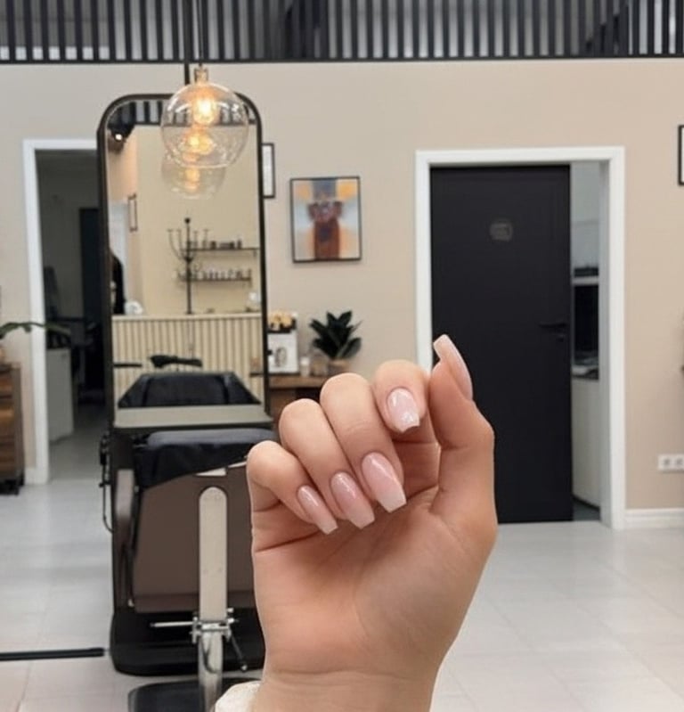 a person showing her BIAB nails done in Nacre Nails Newport