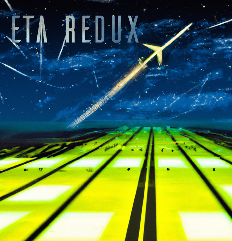 a jet flying over a green runway single cover artwork for ETA Redux