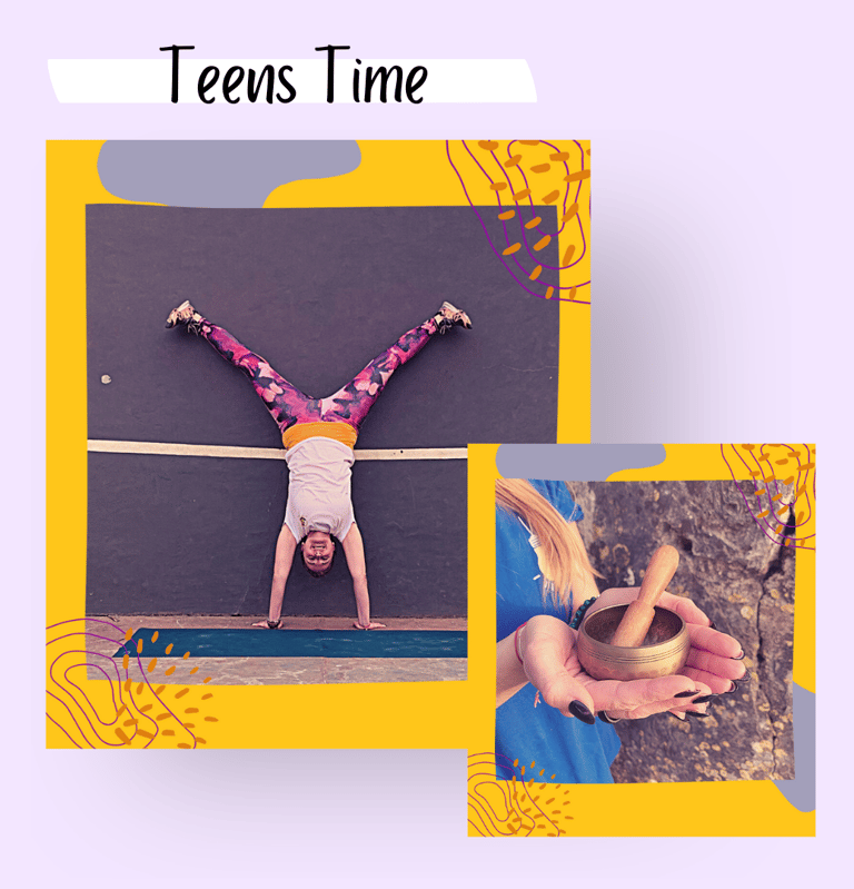 Teen yoga teacher. Martina in a handstand inversion in Lisbon. Holding a tibetan bowl.