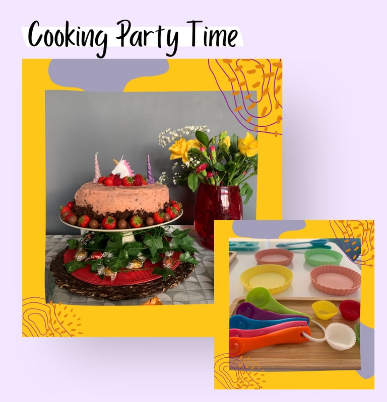 Kids birthday cooking party in Lisbon. Birthday cake and kids cooking utensils.