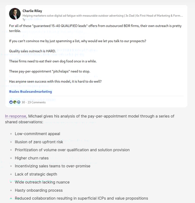 Screenshot of a LinkedIn post and Michael's response in the article, B2B Appointment Setting Costs &