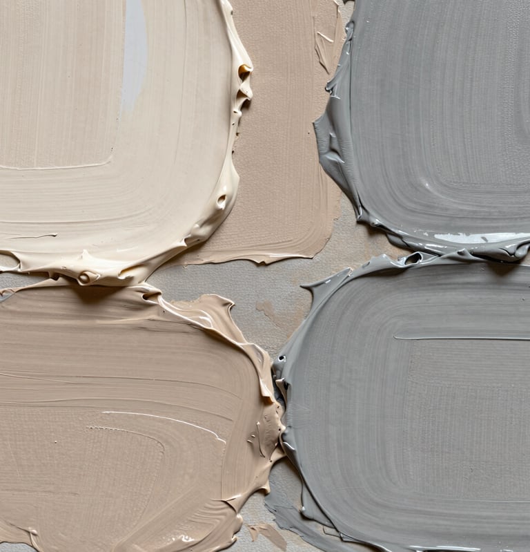 An abstract macro photograph of oil paint textures on a canvas, showing thick layers of cream, taupe, and warm grey. Soft, diffused lighting highlights the physical ridges of the medium. Professional and artistic style. International / Western setting.