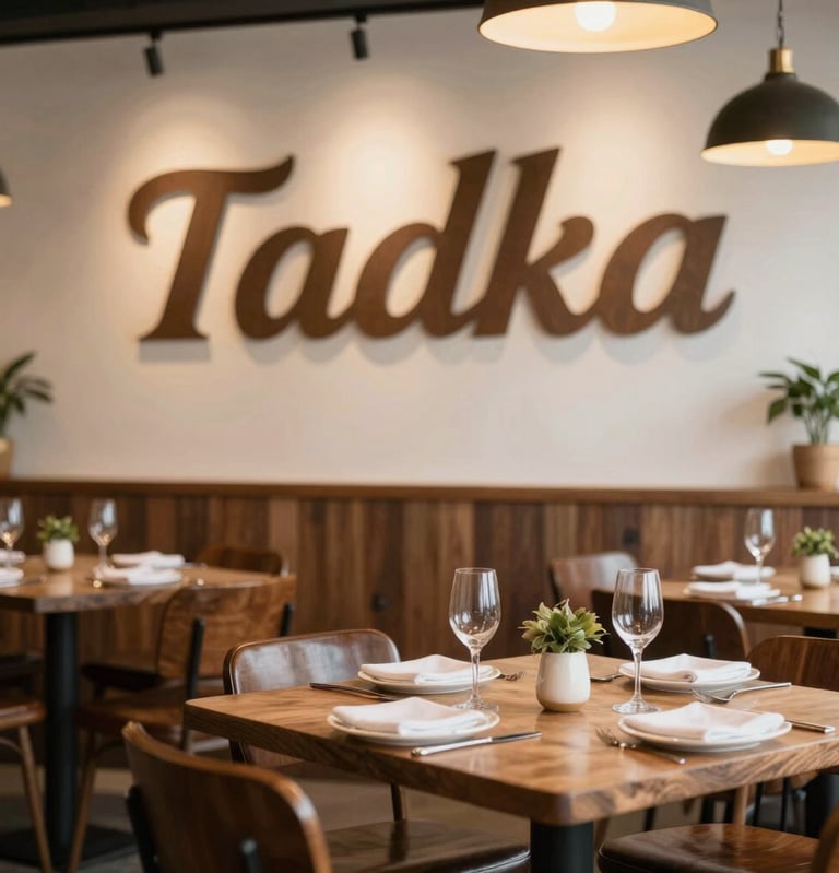 A warm, inviting photo of Tadka's cozy dining area with traditional Hyderabadi decor.