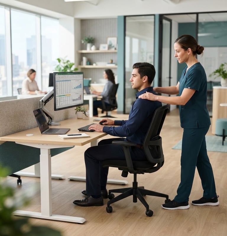 Fisioterapeuta profesional en uniforme clínico ajustando la postura de un empleado en un escritorio moderno y luminoso, con luz natural, en una oficina corporativa.