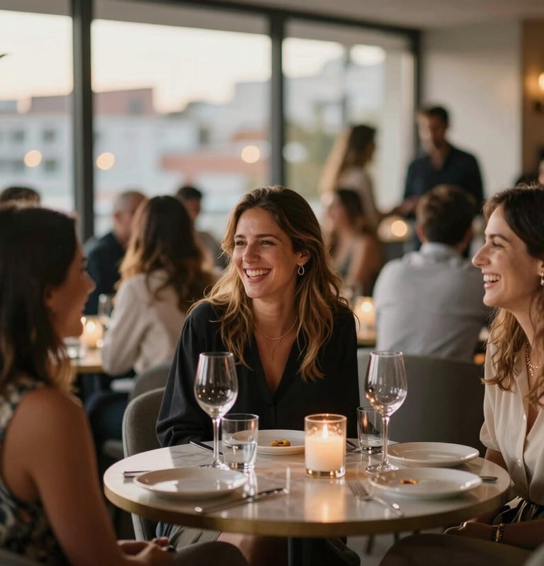 Candid photography of an elegant birthday celebration in a modern lounge, guests laughing, soft gold light, bokeh background of city lights, Southern European / Spanish context.