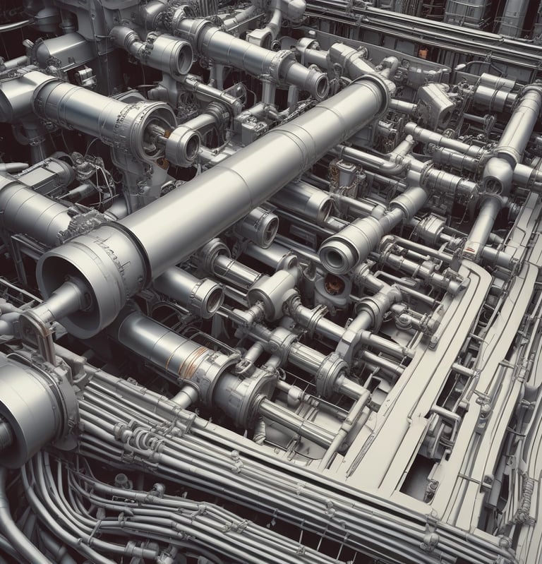 An aerial view of an industrial facility with large, circular tanks arranged in a structured layout. Metal pipes and walkways crisscross between the tanks, and there are smaller structures and equipment situated around them. The surrounding area includes gravel and some paved sections.