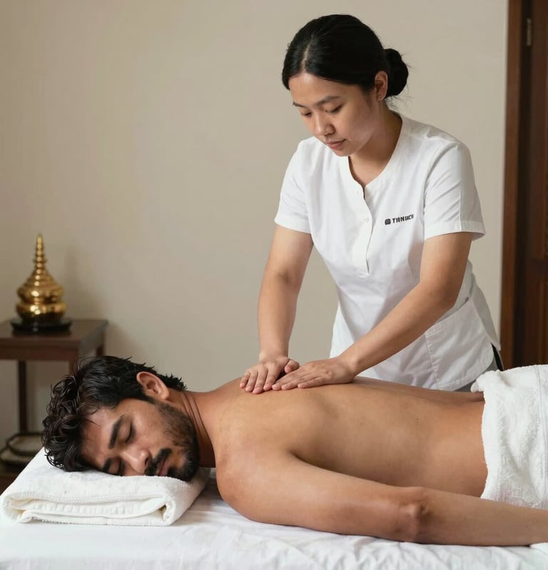 Professional massage therapist performing a relaxing back massage for a man at a wellness spa.