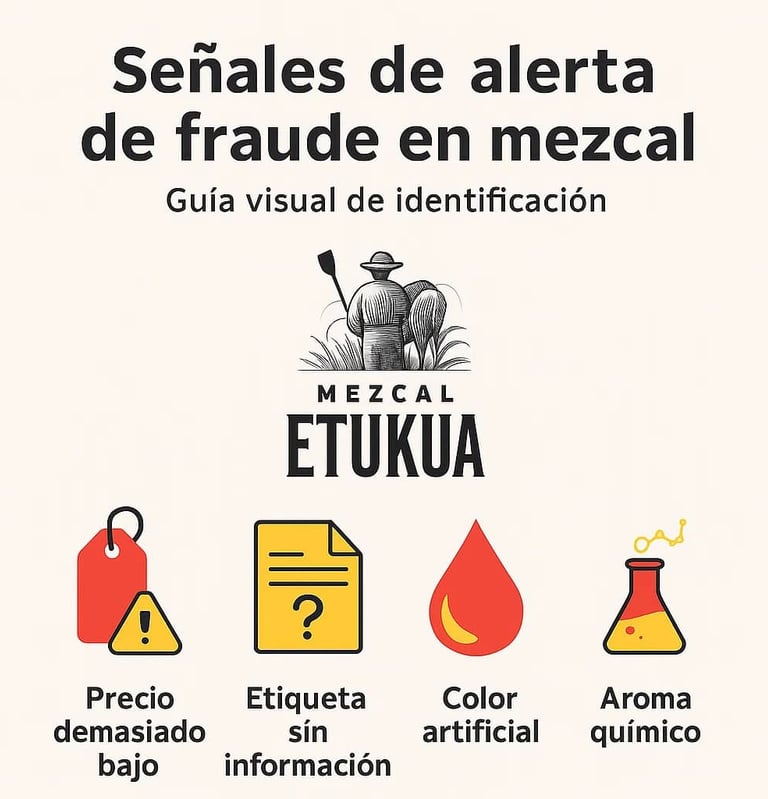 Infografía titulada ‘Señales de alerta de fraude en mezcal’. Incluye cuatro iconos con advertencias: