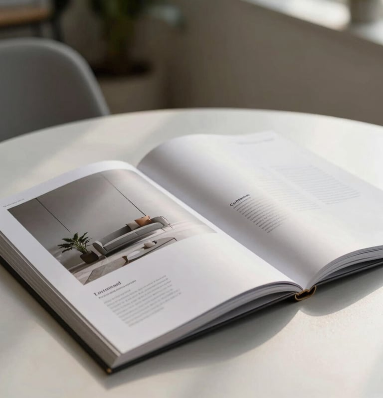 Fotografia profissional de uma revista de design aberta, layout limpo com linhas geométricas e cores suaves em cinza e branco, luz natural lateral em um ambiente moderno brasileiro.