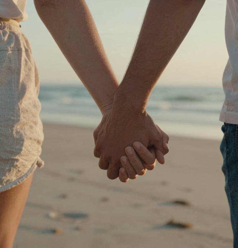 A cinematic close-up of two hands held tight during a walk along a North American beach at golden hour, sun-drenched skin, authentic and emotional mood, warm cinematic grading.