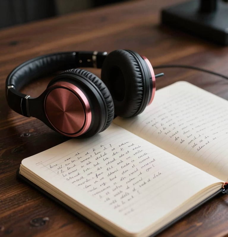 A close-up, artistic shot of a set of professional headphones and a notebook with handwritten Spanish lyrics on a dark wooden table. The lighting features soft rosewood accents, capturing a sophisticated South American studio essence.
