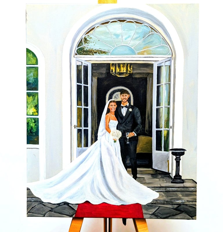 Close up detail of a bespoke live wedding painting of a couple on canvas
