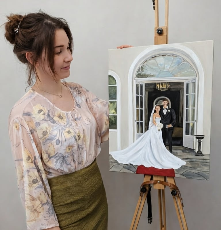 Christine live wedding painter working on a wedding painting at a venue in the UK