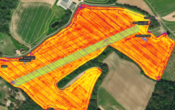 Broadacre crop survey showing course of Fawley pipline reflected in the crop