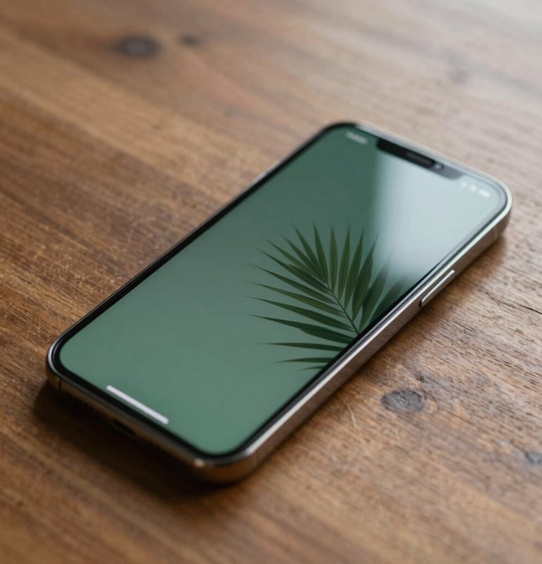 A sleek photography shot of a smartphone lying on a wooden table, displaying a clean and sophisticated digital interface with muted green tones, South American / Brazilian setting with natural lighting.