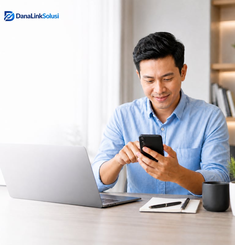 Professional man using a mobile banking app and laptop for online financial planning.