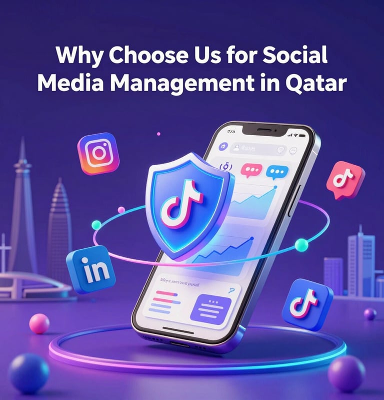 Professional social media management in Qatar featuring a smartphone with platform icons like TikTok and Instagram.