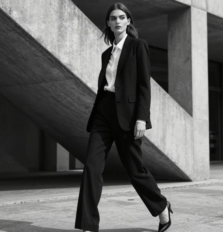 Action shot of a fashion model in an urban environment with concrete architecture, sharp lighting creating deep shadows, monochrome black and white style, professional and sophisticated, International Professional.