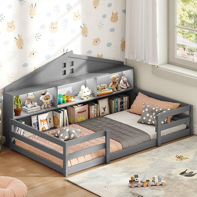 Gray wooden Montessori house bed with a built-in bookshelf headboard for a toddler's bedroom.