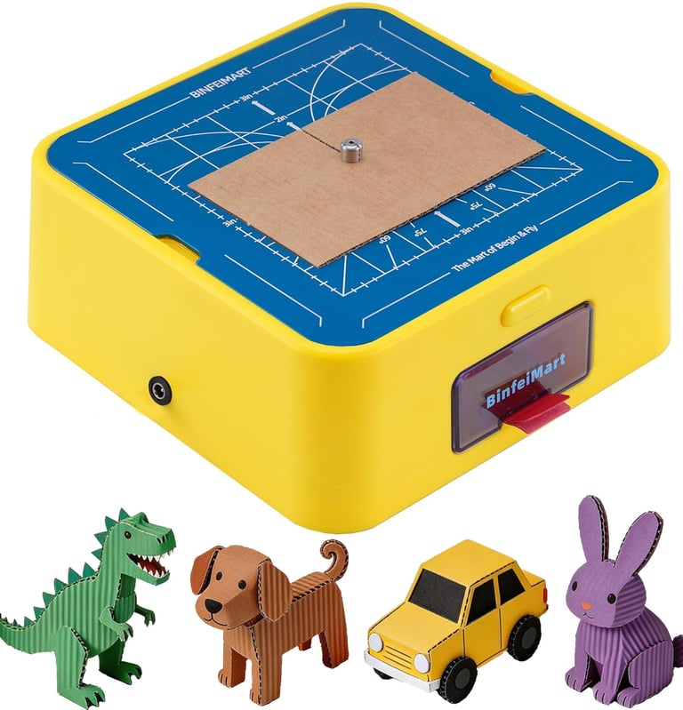 Yellow electric hot wire foam cutter and cardboard slicer tool with DIY paper craft figures.