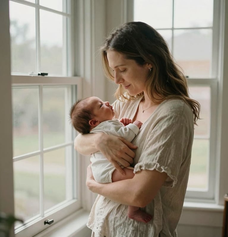 A quiet, cinematic moment of a mother holding her newborn by a large window in a North American / US home. Sun-drenched atmosphere with Soft Sand colored linens.