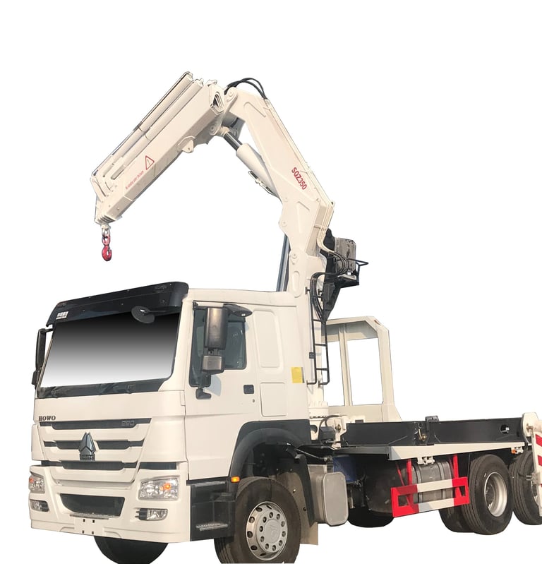 A crane truck, specifically a 14 Ton Knuckle RC Truck-mounted Crane, on a white background.