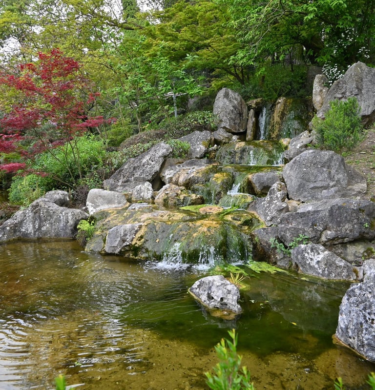 grande giardino botanico giapponese con piccole cascate 