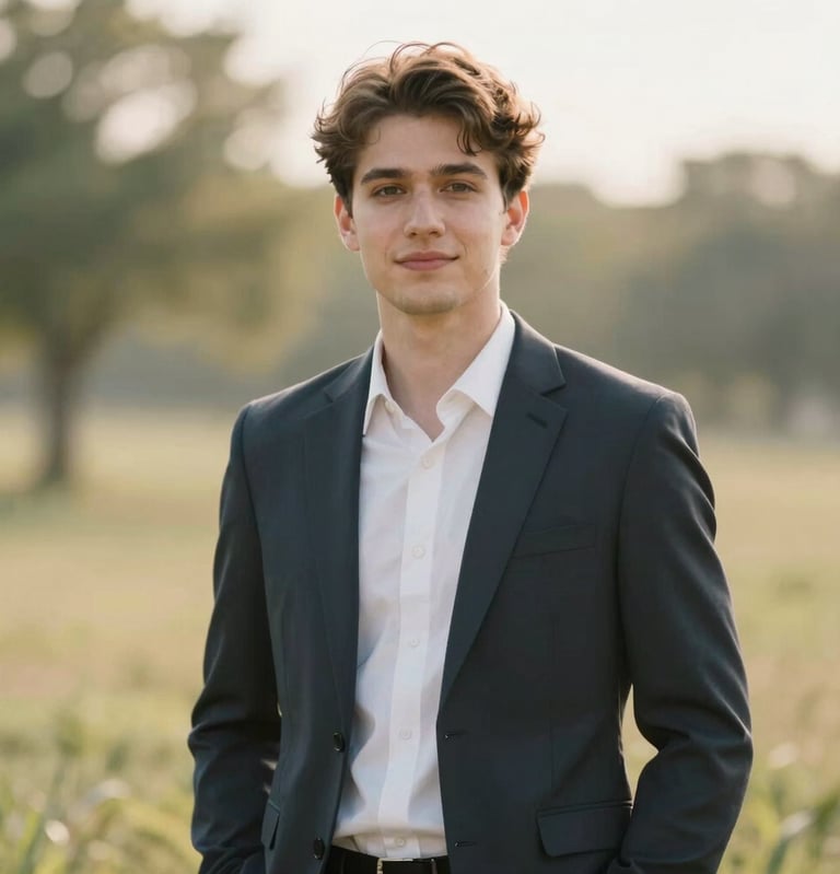An elegant outdoor portrait of a young professional in a natural setting in West Michigan. The lighting is soft and golden, with a light and airy style using a palette of soft earth and creamy white.