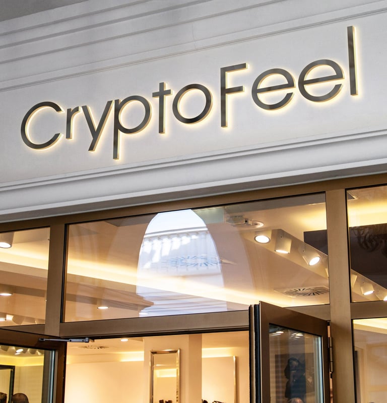 Logo CryptoFeel sur fronton de batiment