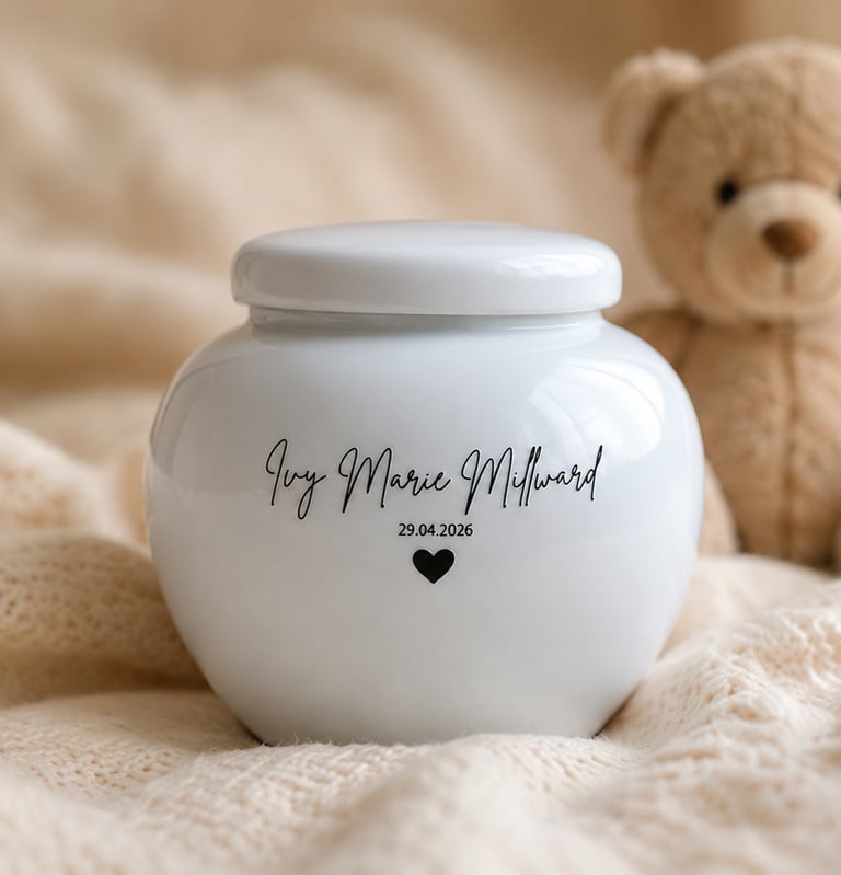 Luxury small baby urn for ashes in white ceramic personalised with name and date