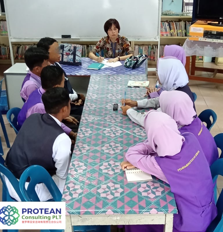 Protean Consulting moderating focus group discussion in school setting.