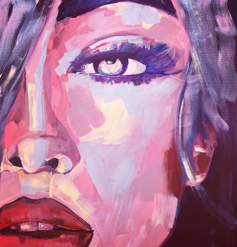 a painting of a woman's face with a purple background