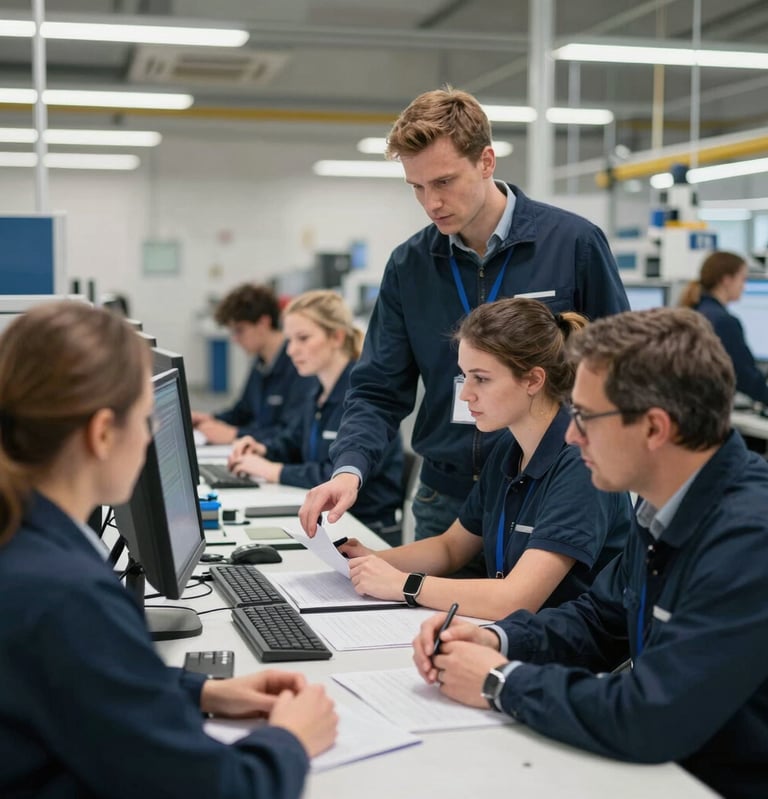 A warehouse bustling with activity, showing seamless coordination between on-site managers and workforce partners.
