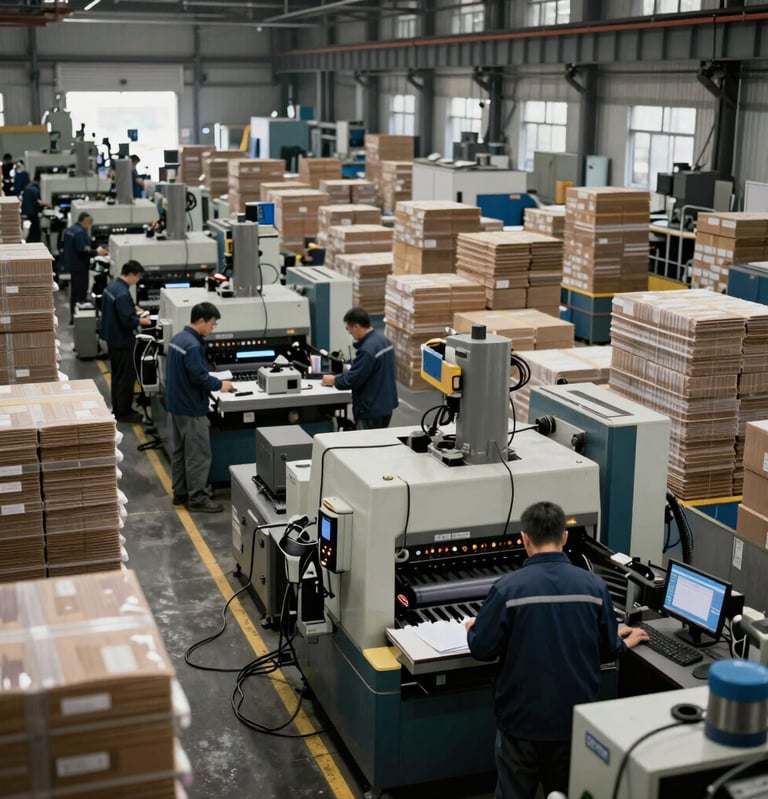 A busy factory floor with temporary staff efficiently operating machinery under client supervision.