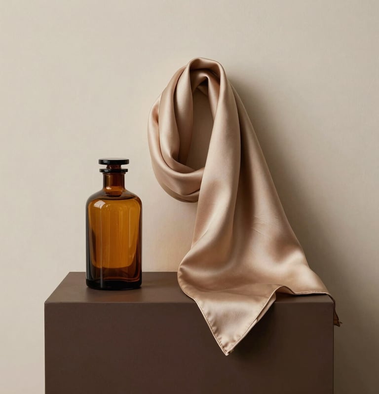 A minimalist still life photograph of curated vintage luxury accessories, including a handcrafted amber glass bottle and a raw silk scarf in muted sand tones. Arranged on a sleek dark mocha pedestal against a clean, warm alabaster wall. Poetic, intimate lighting, editorial luxury layout.