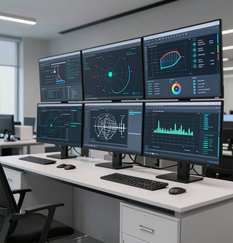 A professional photograph of a modern cybersecurity startup lab in Mexico City. Large displays showcase real-time threat monitoring programs, emphasizing structural engineering and robust digital protection, designed in crisp slate gray and white tones.