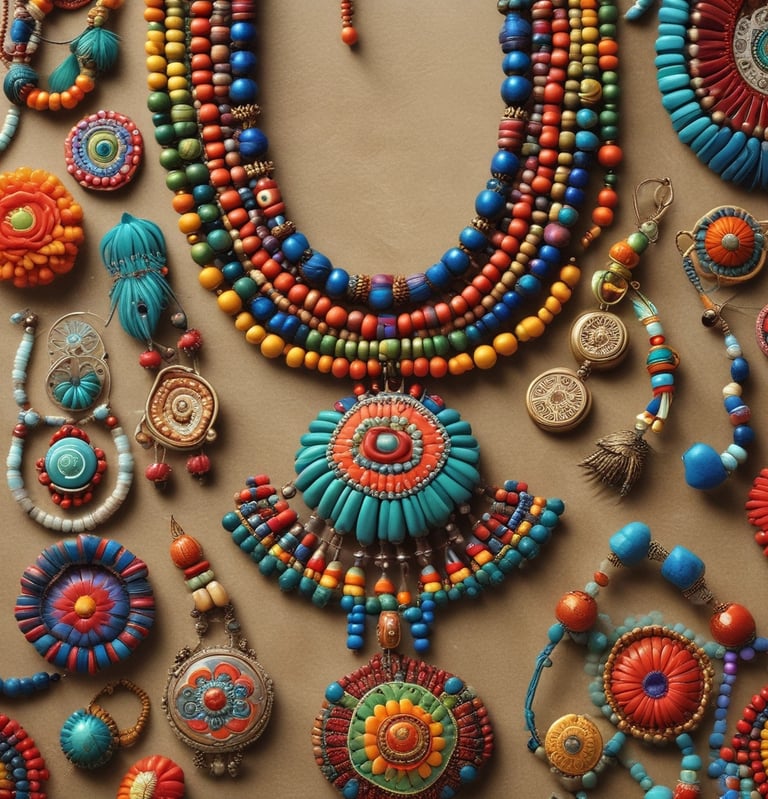 Colección de joyería bohemia hecha a mano con collares de cuentas multicolor vibrantes.