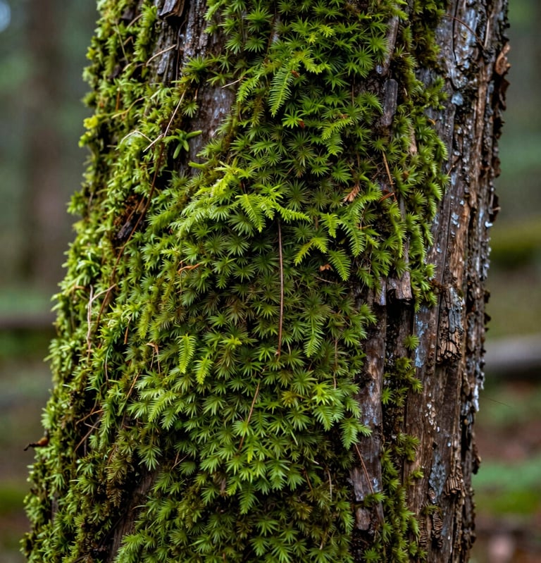 A detailed texture shot of bright green moss growing on a dark cedar trunk in a North American forest, soft natural lighting, emphasizing the sophisticated simplicity of forest details.