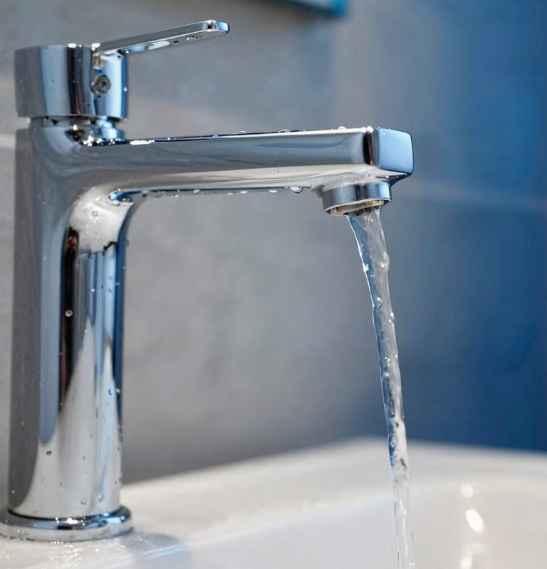 Detailed macro photography of a modern, sleek chrome water faucet with perfect, clear water droplets cascading down. The reflection shows a soft, premium bathroom interior in slate grey and deep water-blue tones. High-end, pristine quality, Central European / Germany.