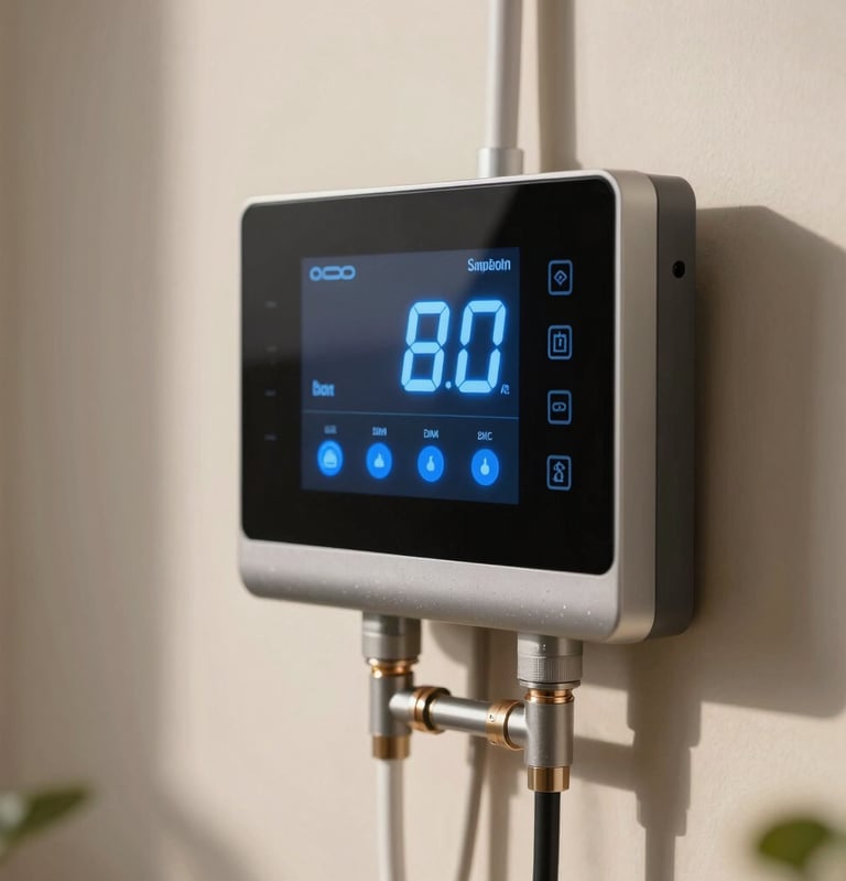 A close-up shot of an advanced digital smart-water home monitoring system on a wall, showing blue LED indicators and clean modern pipe connections.