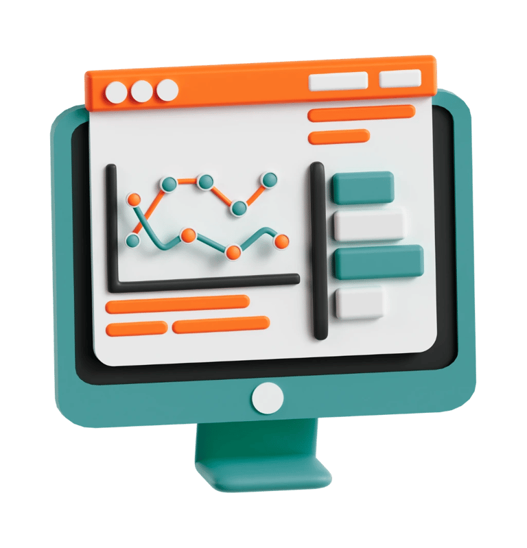 3D illustration of a computer monitor displaying SEO analytics and website performance charts.