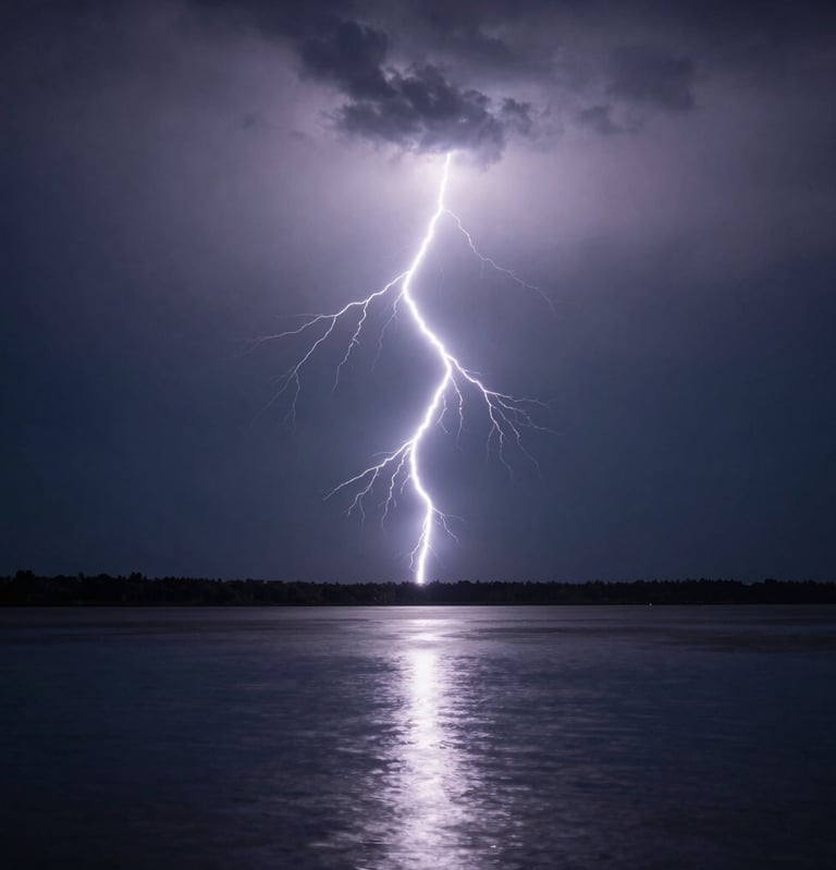 Dramatic high-speed photography of a single, bright lightning bolt striking a dark horizon over a calm lake, charcoal and electric blue hues, sharp detail, minimalistic composition.