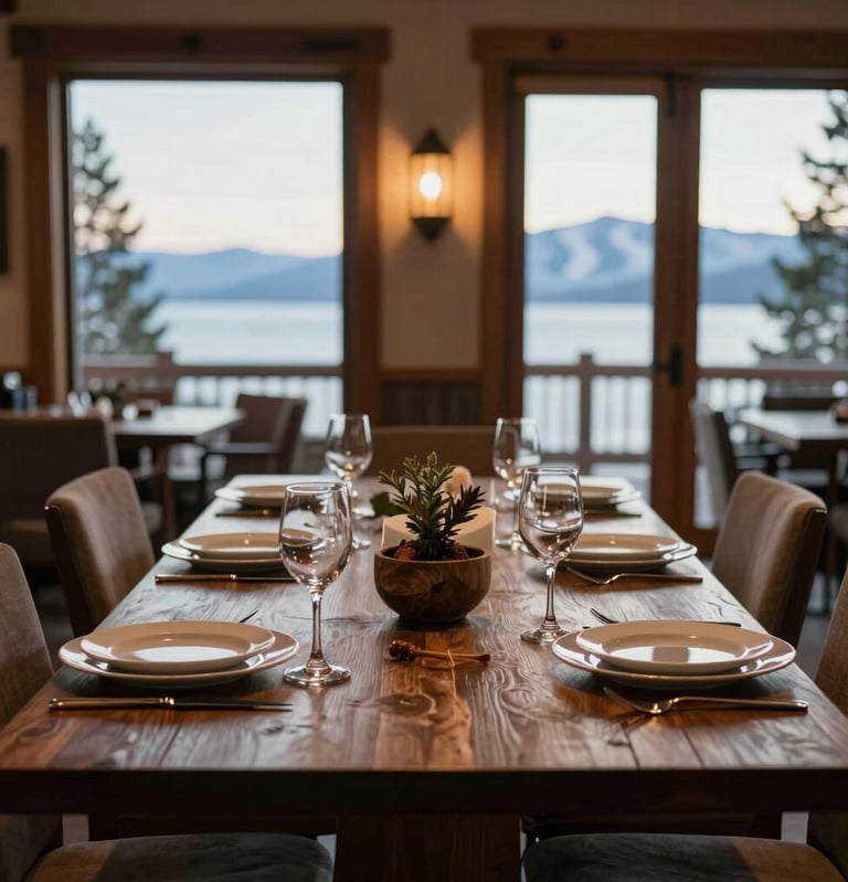 An inviting, beautifully arranged dining table in a cozy, high-end mountain lodge in South Lake Tahoe, California. Premium glassware, clean plates, and tasteful rustic centerpieces are set perfectly for the arrival of new vacation guests.