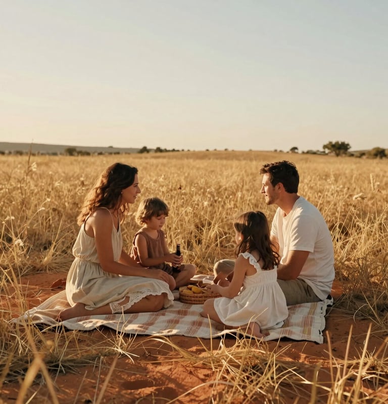 An authentic lifestyle photograph of a family picnic in a golden meadow in Spain during late afternoon. Warm sunlight highlights the soft sand and orange clay colors of the field. Candid and poetic style capturing real emotions.