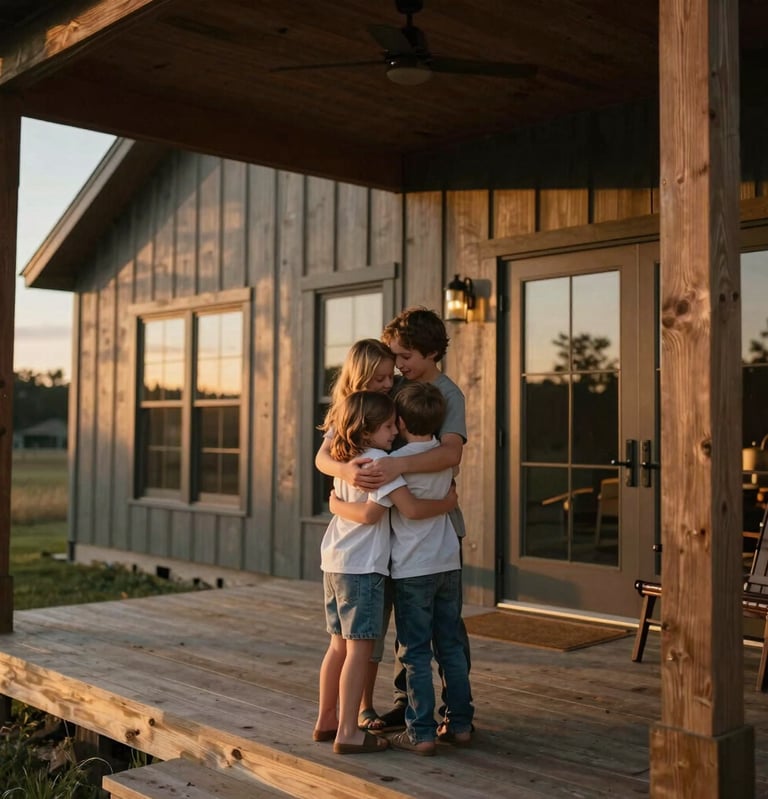 Authentic lifestyle photography of a family hug on a wooden porch of a modern farmhouse, warm evening glow, North American style, soft shadows and cinematic lighting.